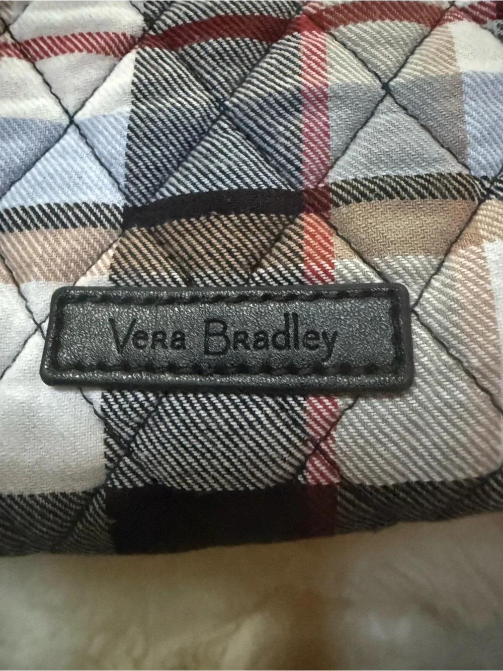 Vera Bradley Quilted Plaid Tote in Black, Gray & Light Blue with Red Accents